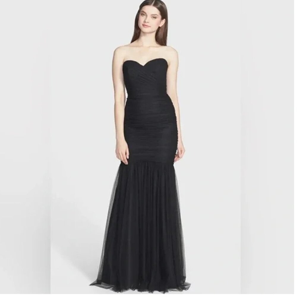 $360 Amsale Black Strapless Tulle Mermaid Gown BLACK WEDDING PROM FORMAL 14